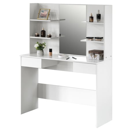 White Modern Wooden Dressing Table With Drawer, Mirror And Shelves For The Dining Room, Entryway